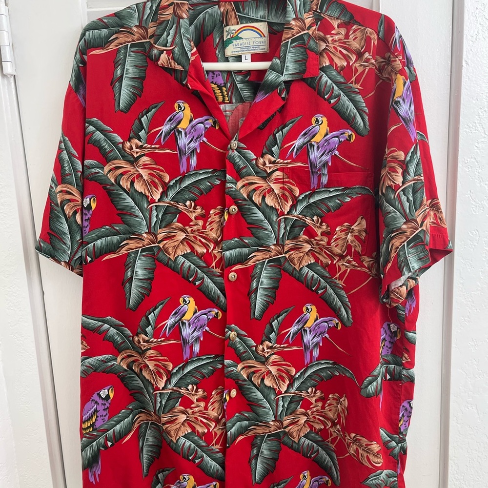 Paradise Found Red Jungle Bird Hawaiian Shirt Magnum PI Large Vintage